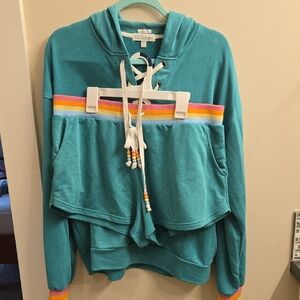 PJ Salvage Teal Hoodie with Rainbow Accents